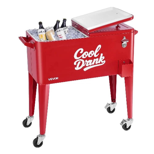 VEVOR 75.71 L Rolling Ice Chest, Holds up to 50 Bottles / 110 Cans, Portable Patio Party Bar Drink Cooler Cart with 4 Swivel Casters (2 with Brakes), Beverage Cooler Trolley with Bottle Opener, Red