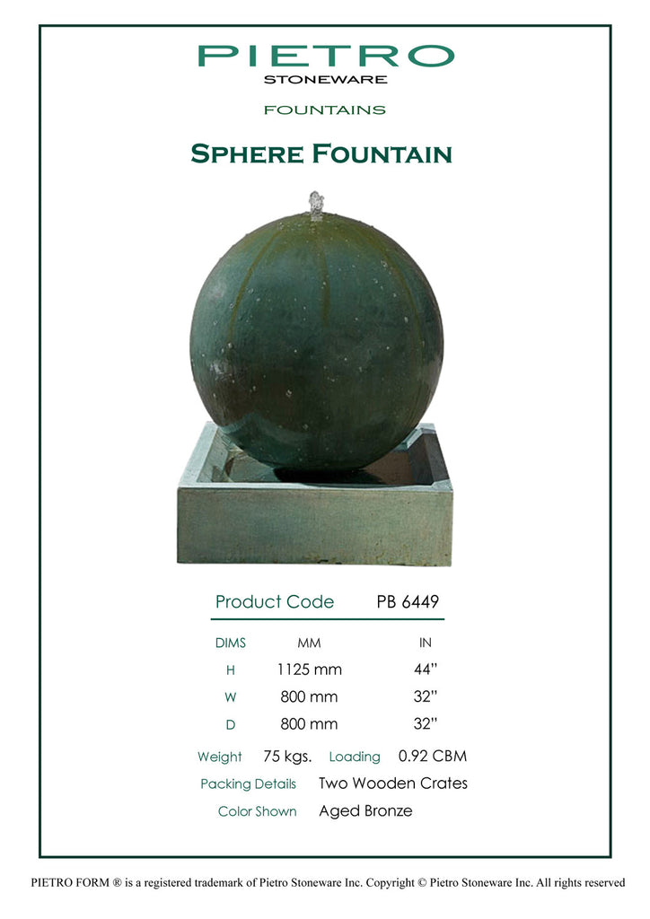 Empoli Smooth Sphere Fountain. Large 800 x 800 x 1120mm