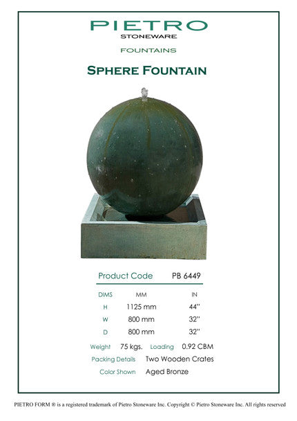 Empoli Smooth Sphere Fountain. Large 800 x 800 x 1120mm