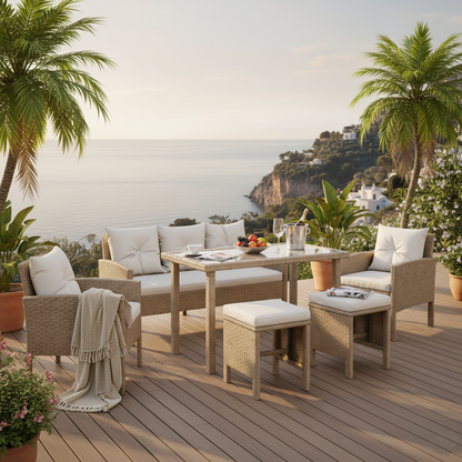 Bonifacio 7 Seater Wicker Outdoor Dining Sofa Set - Natural or Warm Grey