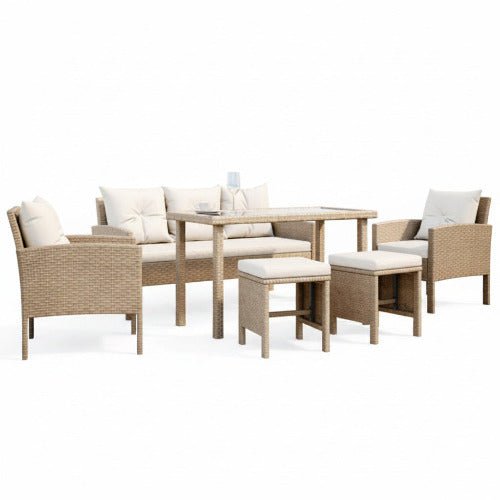 Bonifacio 7 Seater Wicker Outdoor Dining Sofa Set - Natural or Warm Grey
