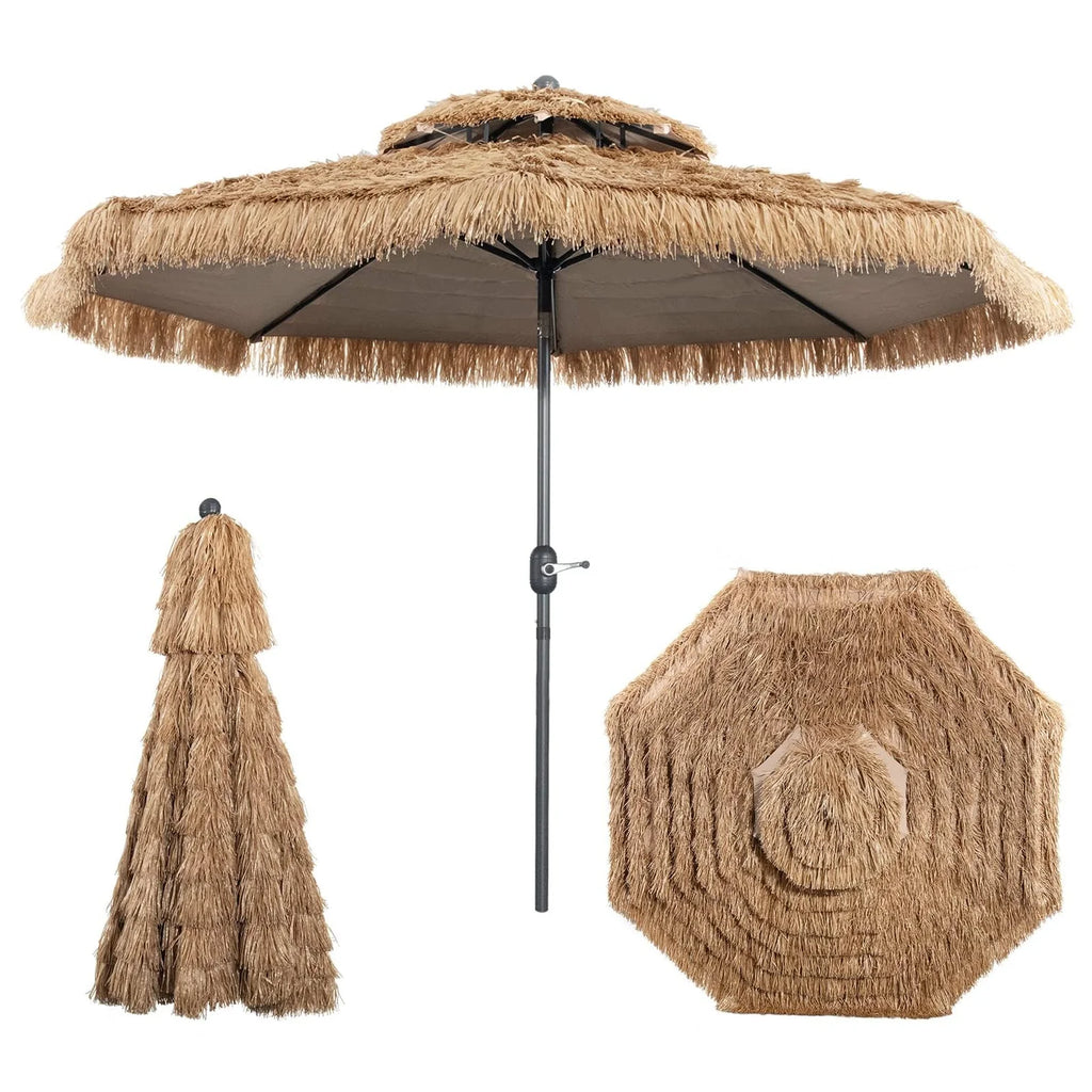 Vanu Thatched Tiki Umbrella w/8 Ribs, Tilt Adjustment, Manual Crank