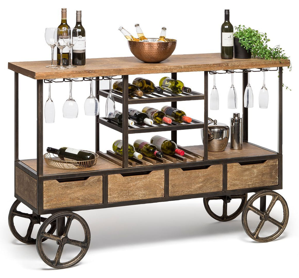 Molise Industrial Style Wooden Bar Cart w/Wine Bottle Rack