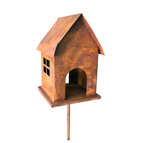Classic Garden-Stake Birdhouse in Weathered Metal