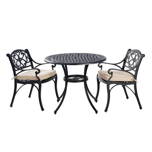 Mira 3 piece cast aluminium outdoor dining set with round table and two chairs