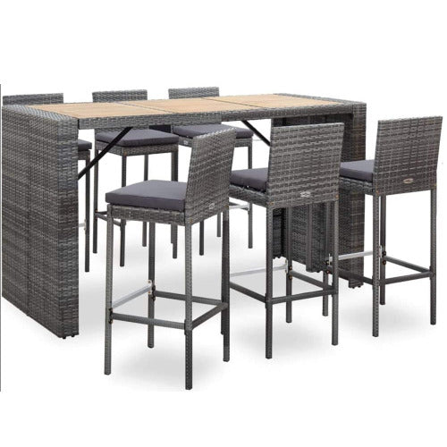 Amalia Solid Acacia Wood and Poly Rattan Outdoor Bar Set - 7 Pieces