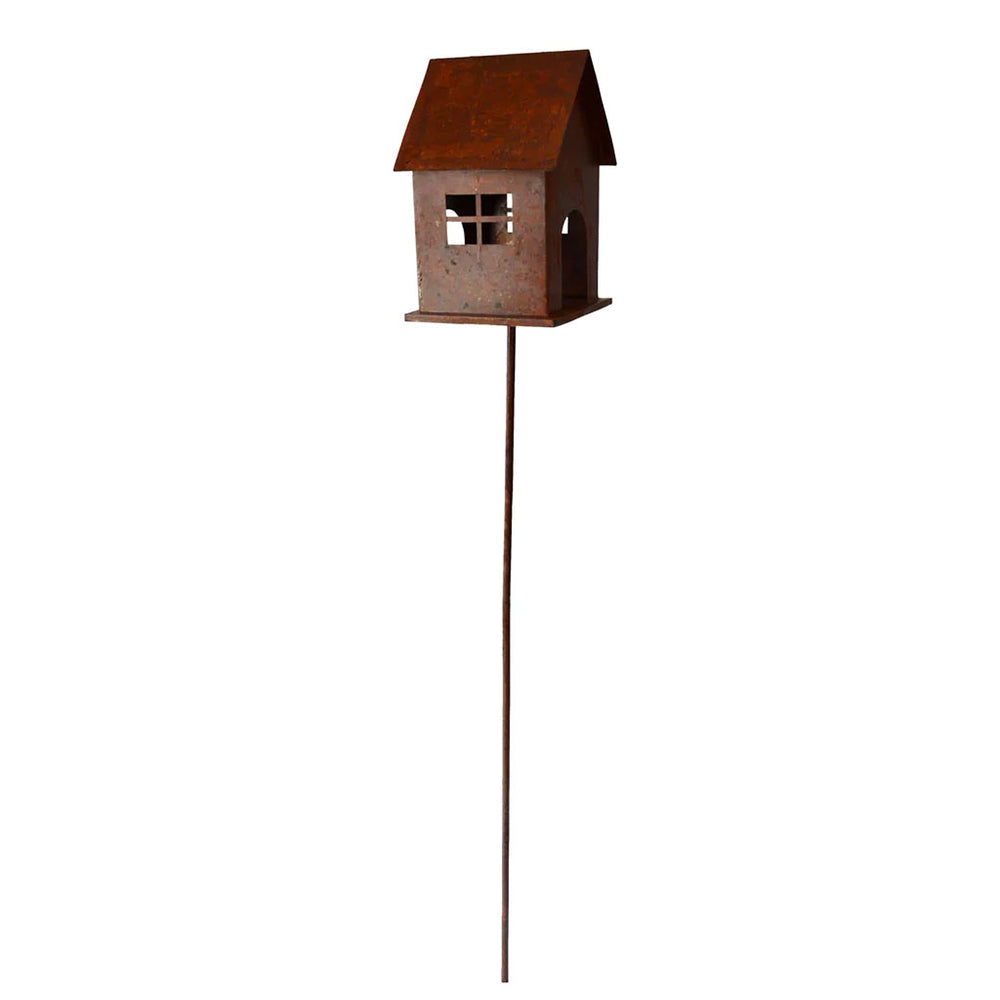 Classic Garden-Stake Birdhouse in Weathered Metal