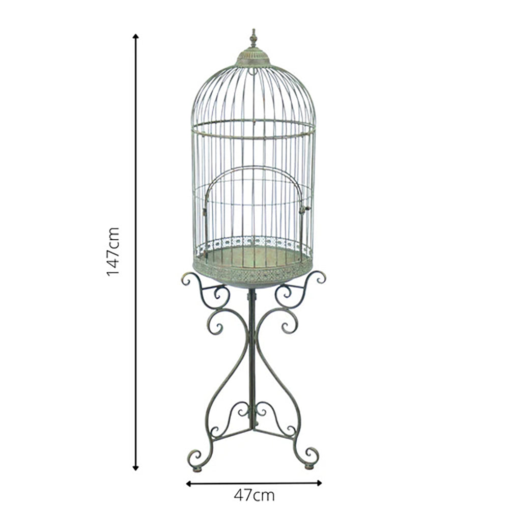 Rousseau Bird Cage on Stand - in Antique Rustic Green 47x47x147 cms