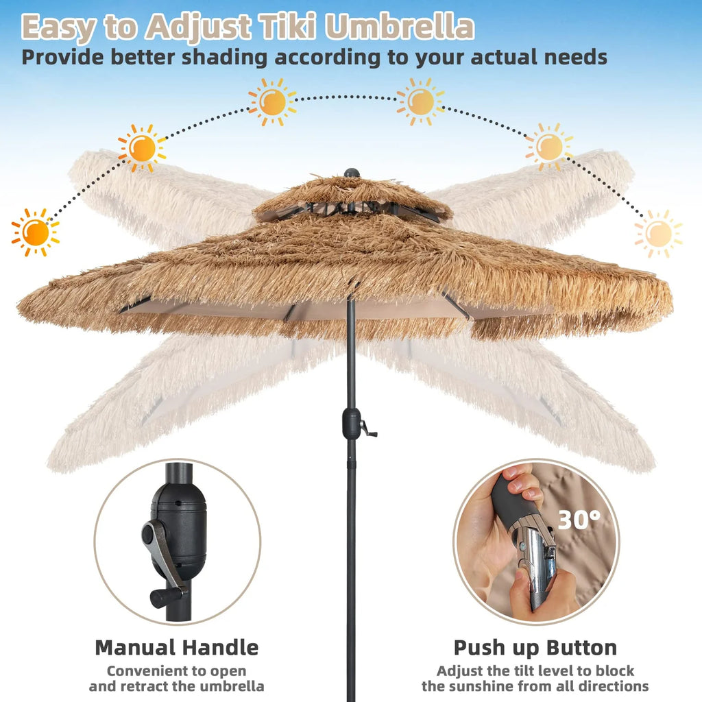 Vanu Thatched Tiki Umbrella w/8 Ribs, Tilt Adjustment, Manual Crank