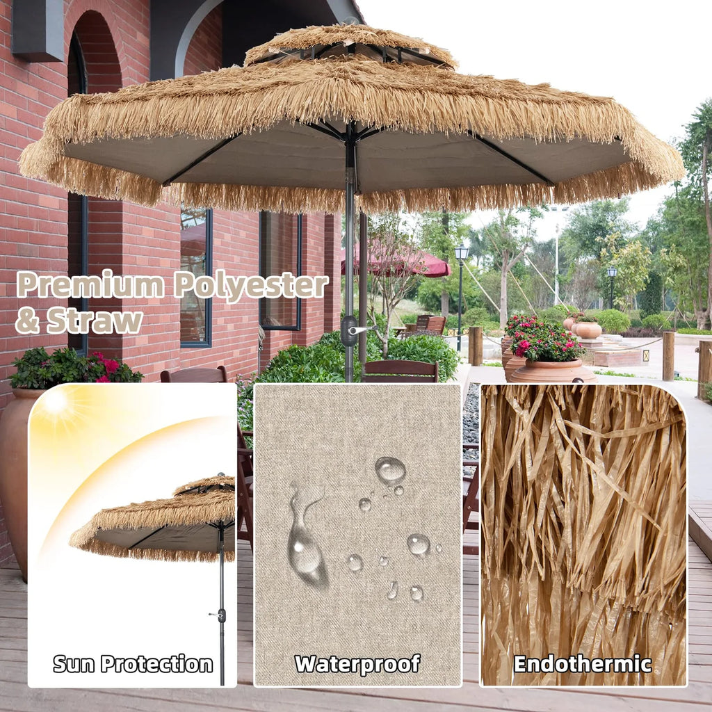 Vanu Thatched Tiki Umbrella w/8 Ribs, Tilt Adjustment, Manual Crank