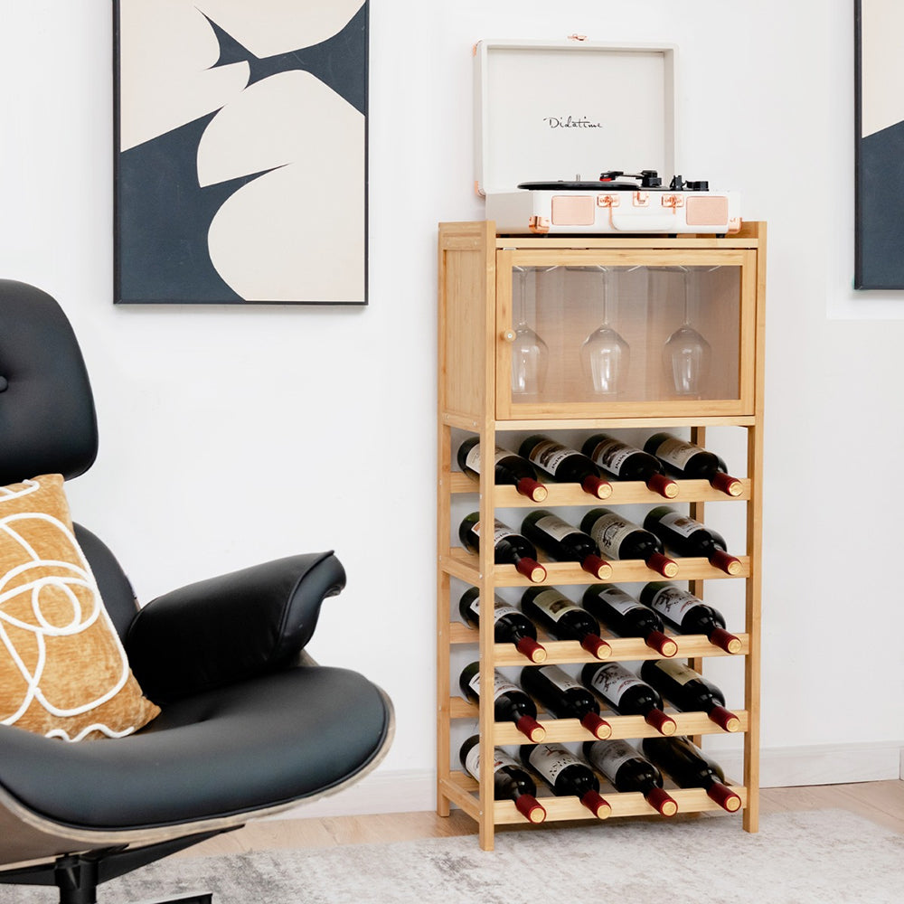 Selia 20-Bottle Bamboo Wine Rack Cabinet with Glass Hanger