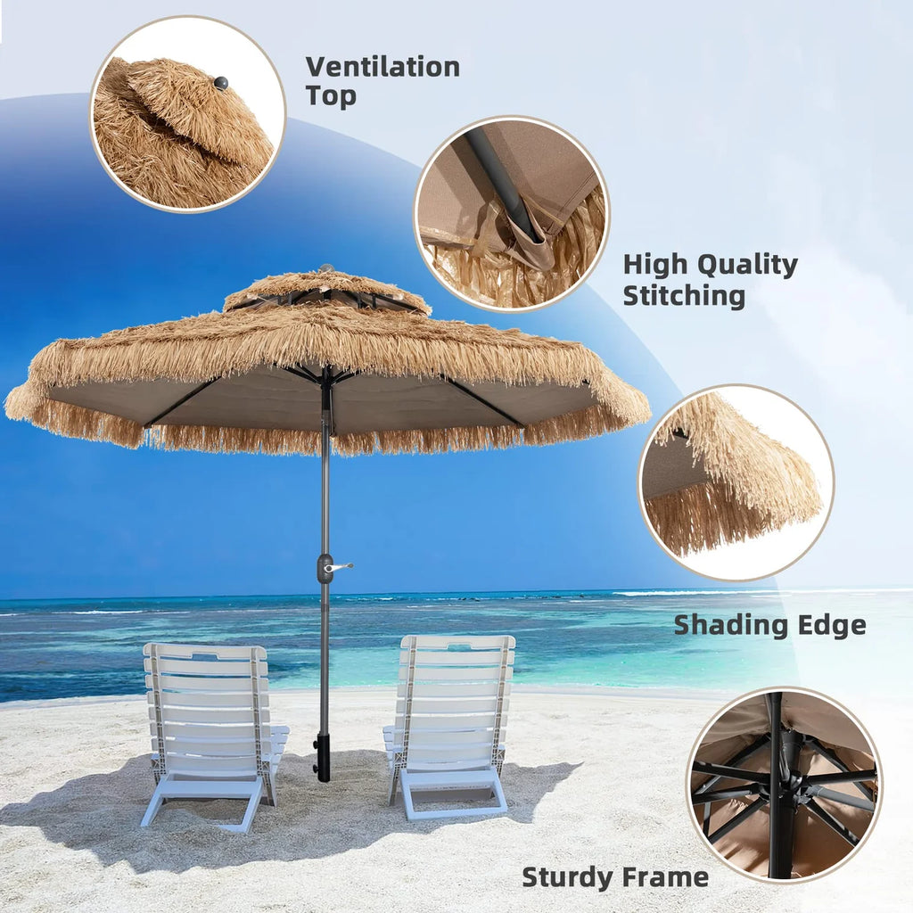 Vanu Thatched Tiki Umbrella w/8 Ribs, Tilt Adjustment, Manual Crank