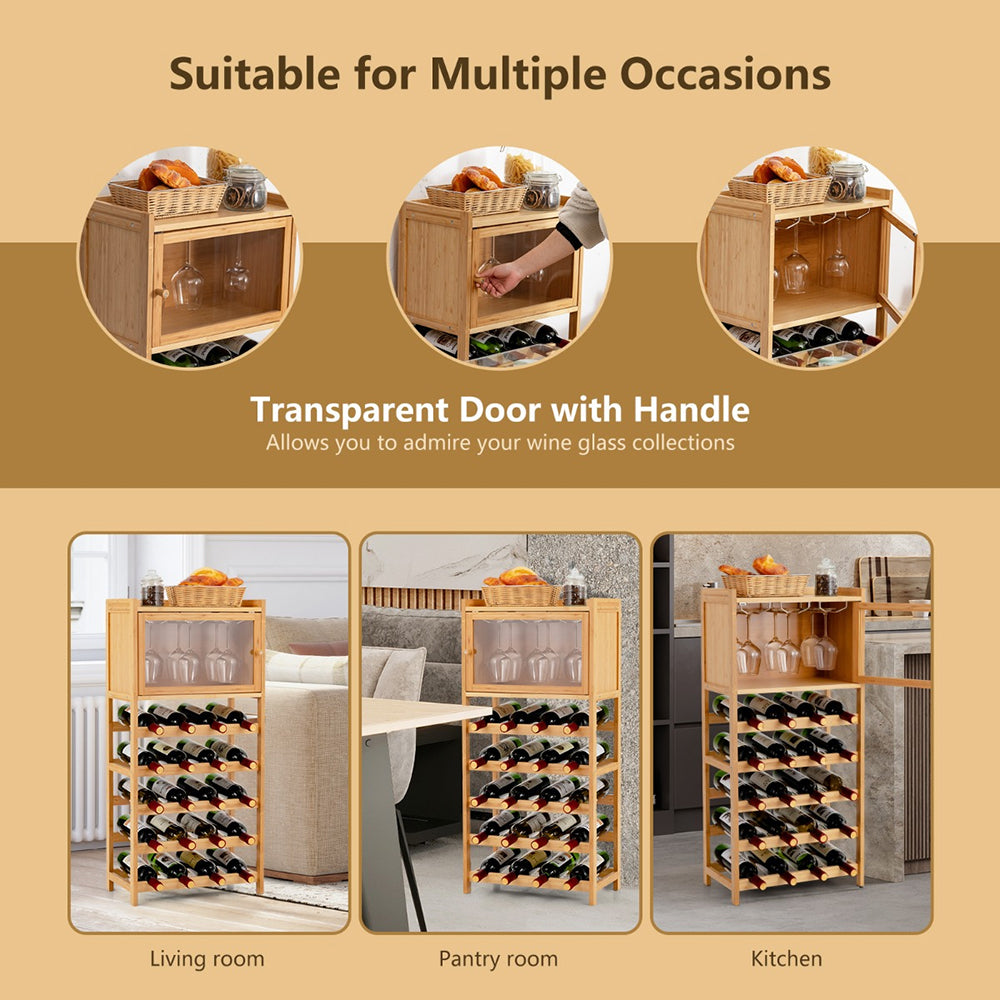 Selia 20-Bottle Bamboo Wine Rack Cabinet with Glass Hanger