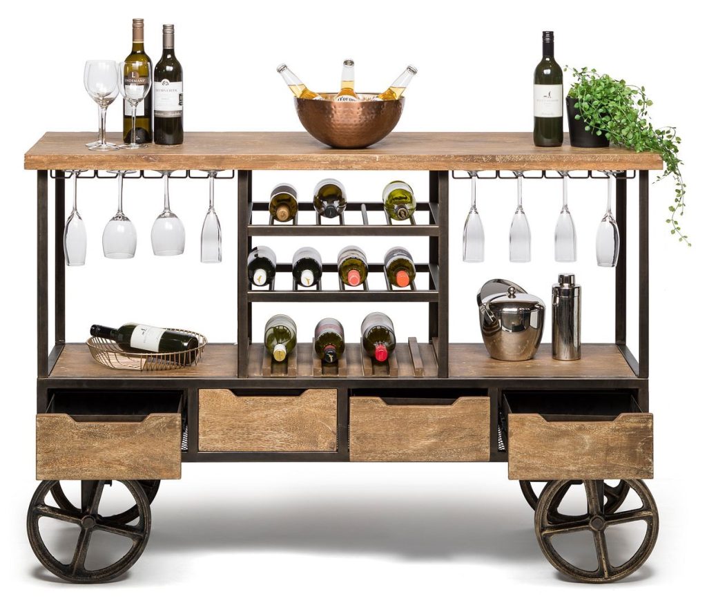 Molise Industrial Style Wooden Bar Cart w/Wine Bottle Rack