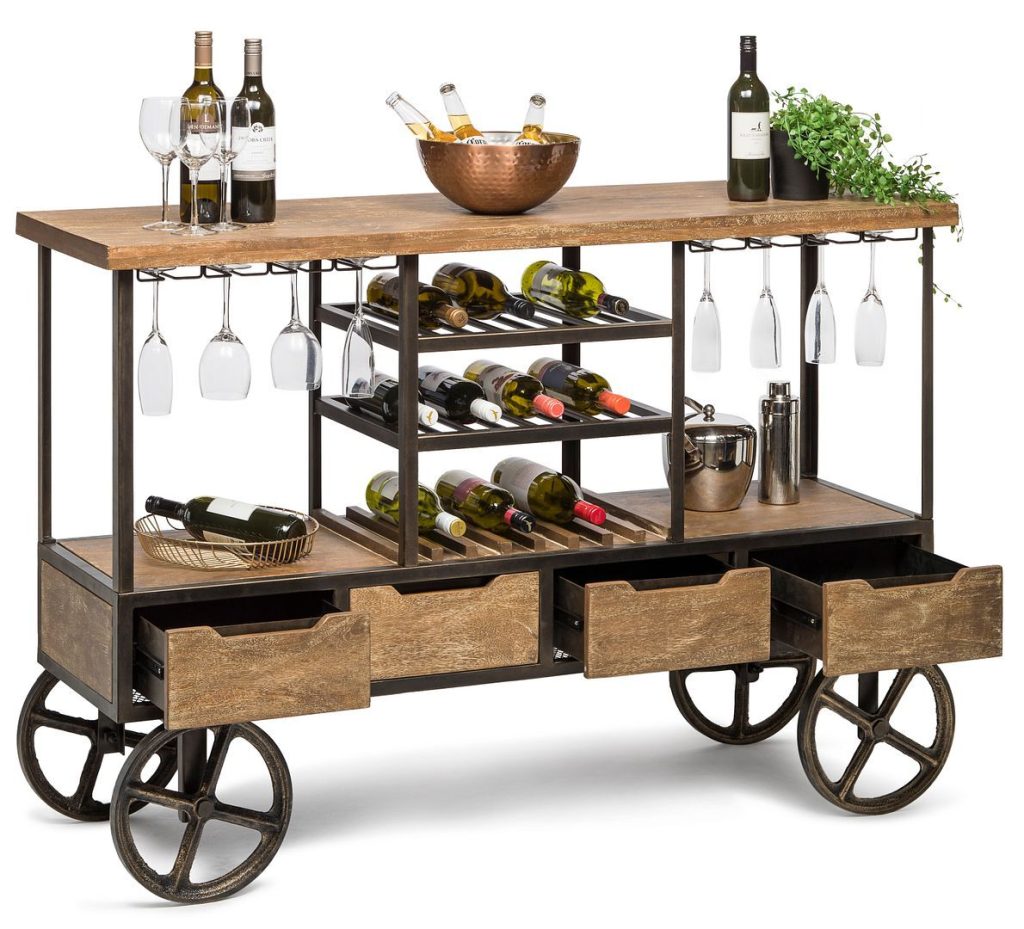 Molise Industrial Style Wooden Bar Cart w/Wine Bottle Rack