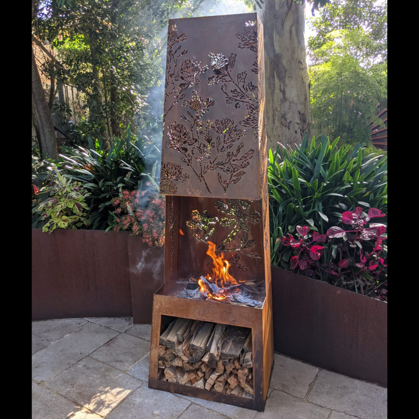 Gaetano Steel Chiminea Fire Pit w/Built in Log Rack