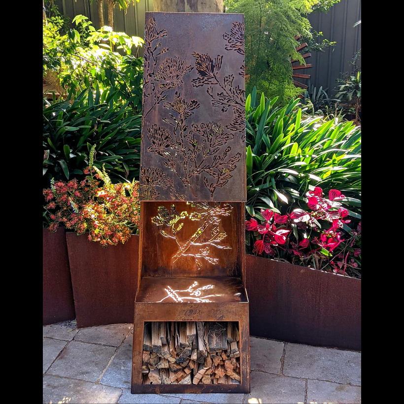 Gaetano Steel Chiminea Fire Pit w/Built in Log Rack