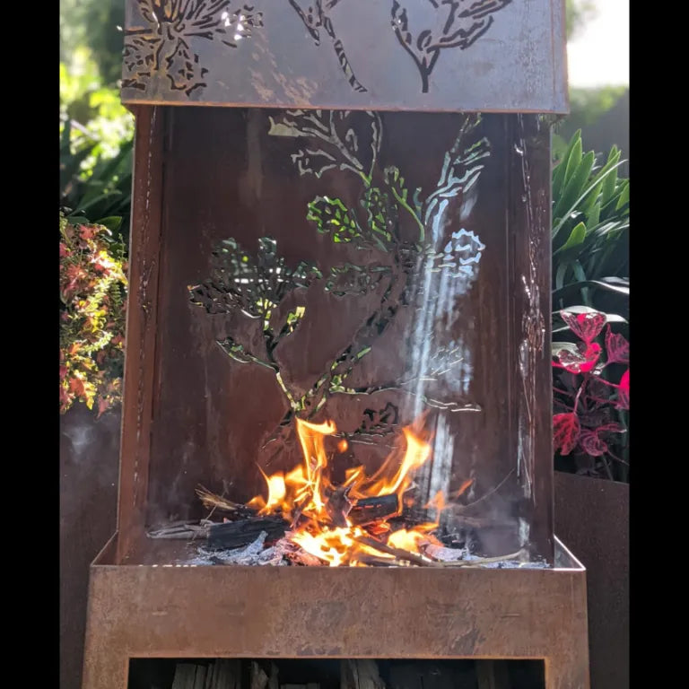 Gaetano Steel Chiminea Fire Pit w/Built in Log Rack