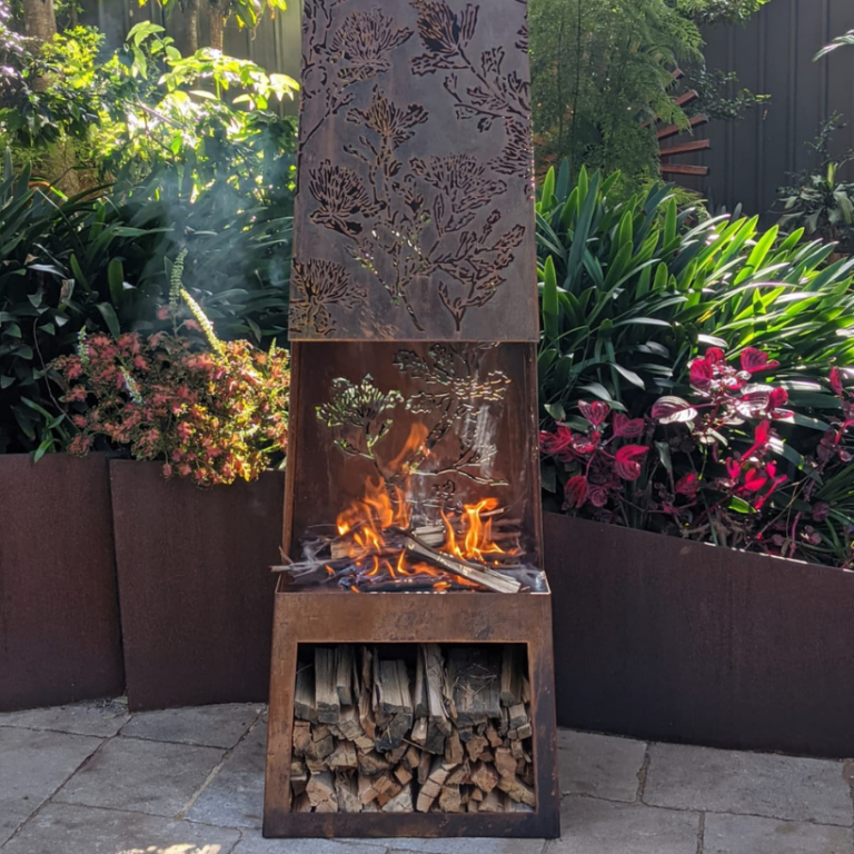 Gaetano Steel Chiminea Fire Pit w/Built in Log Rack