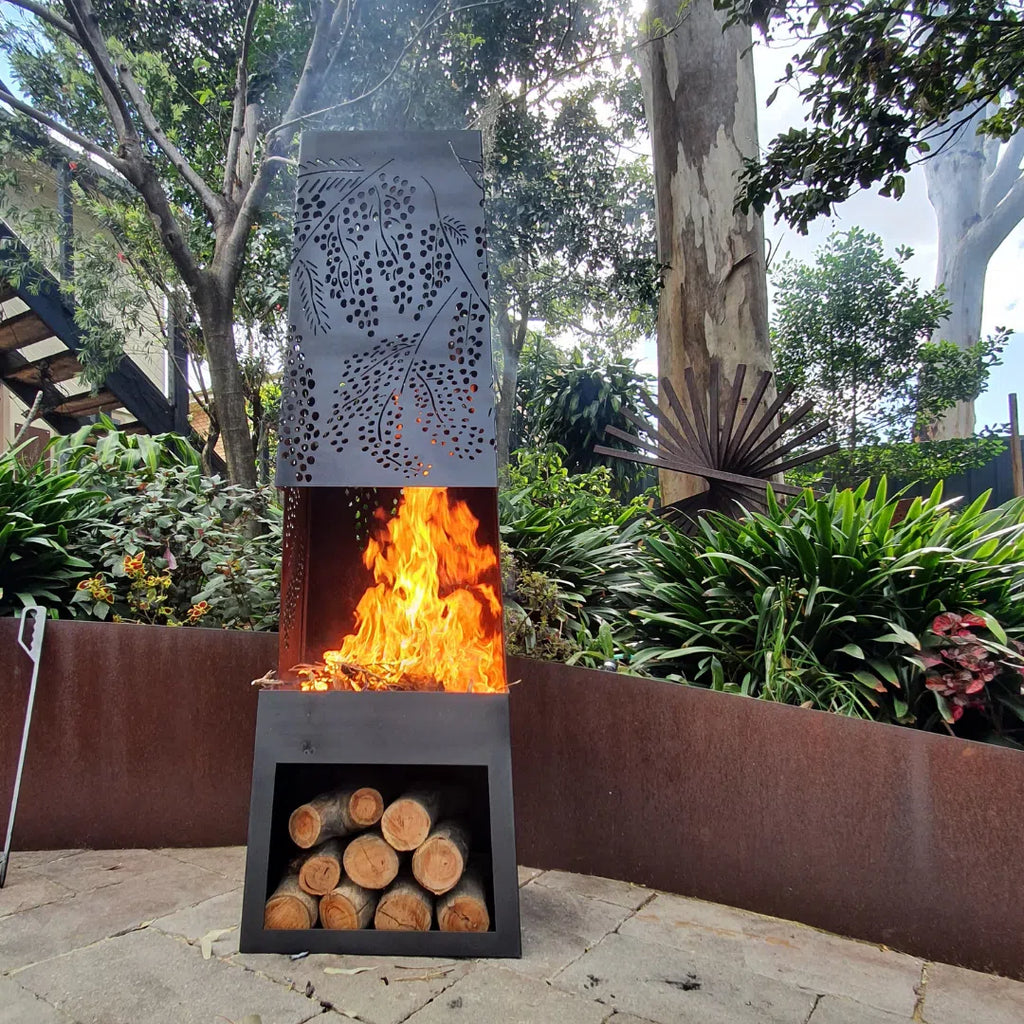 Gaetano Steel Chiminea Fire Pit w/Built in Log Rack