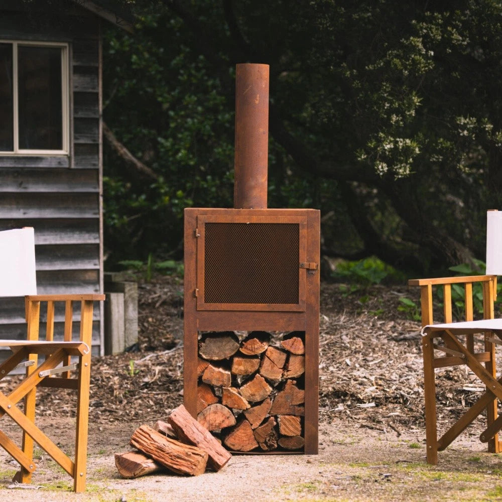 Zafir Fireplace/Chimenea W/ Wood Storage & Pedestal Base. 150cm