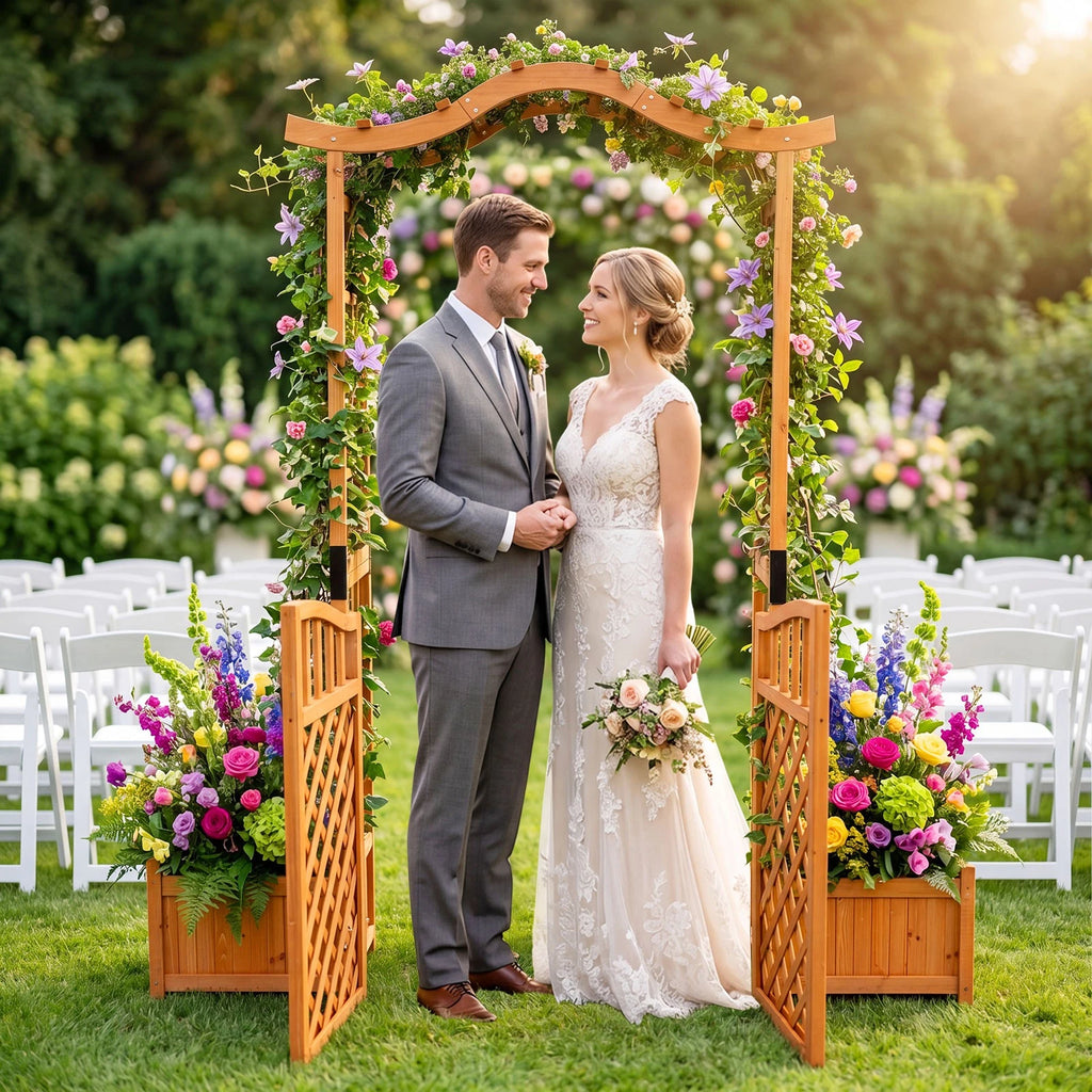 Althea 210cm Wooden Garden Arch w/Gate &2 Planter Boxes