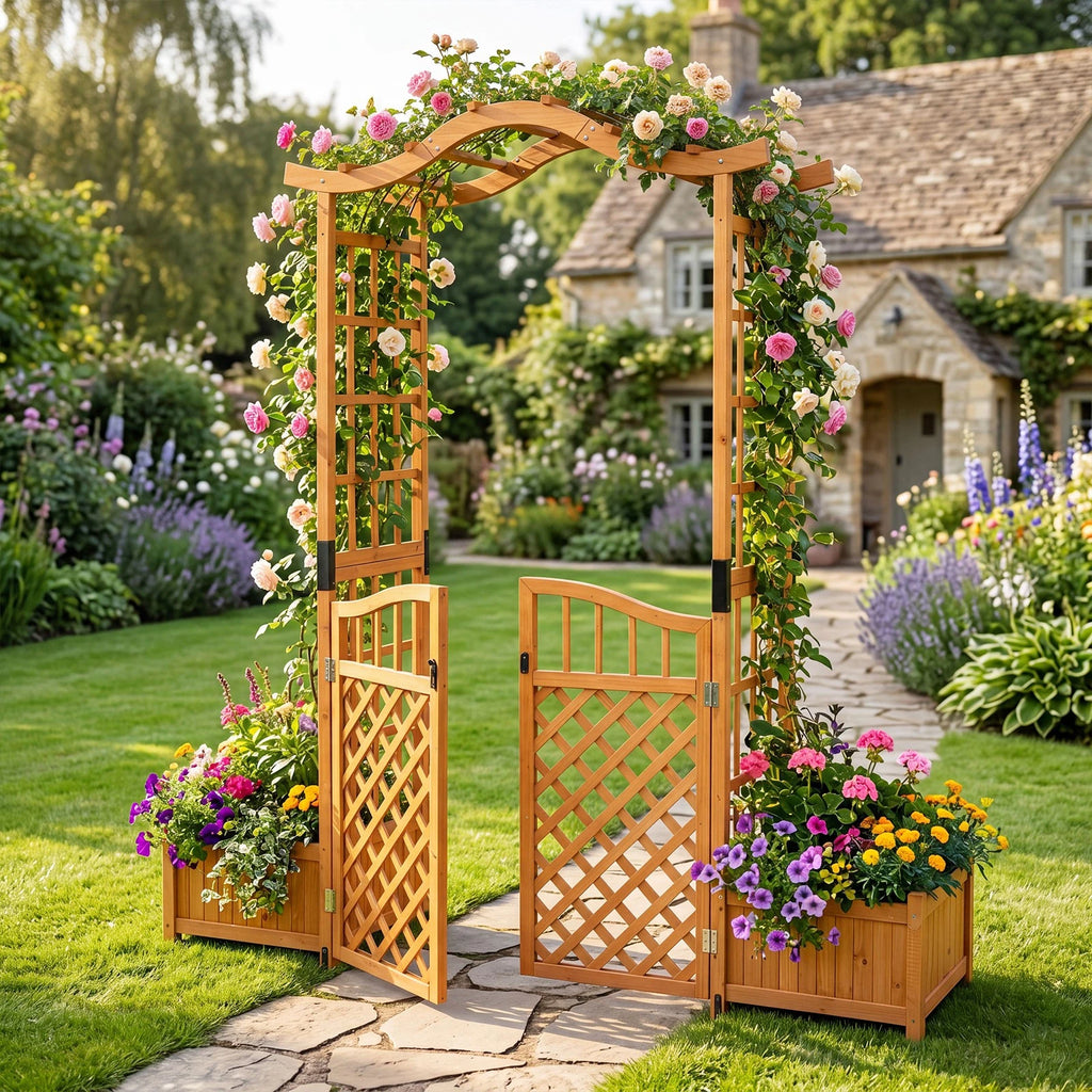 Althea 210cm Wooden Garden Arch w/Gate &2 Planter Boxes