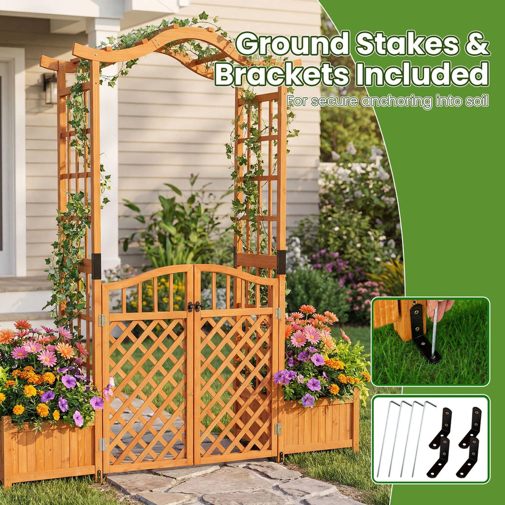 Althea 210cm Wooden Garden Arch w/Gate &2 Planter Boxes