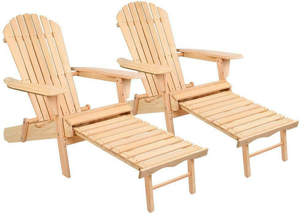 Adirondack Set of Two Outdoor Wooden Sun Chairs w/Ottomans - Natural Wood