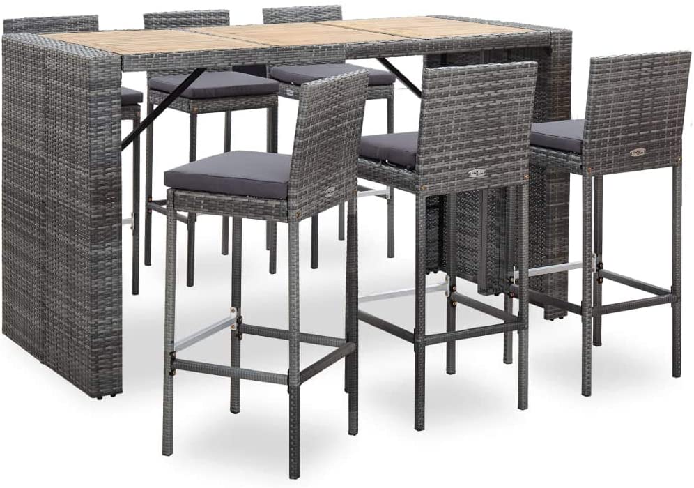 Amalia Solid Acacia Wood and Poly Rattan Outdoor Bar Set - 7 Pieces
