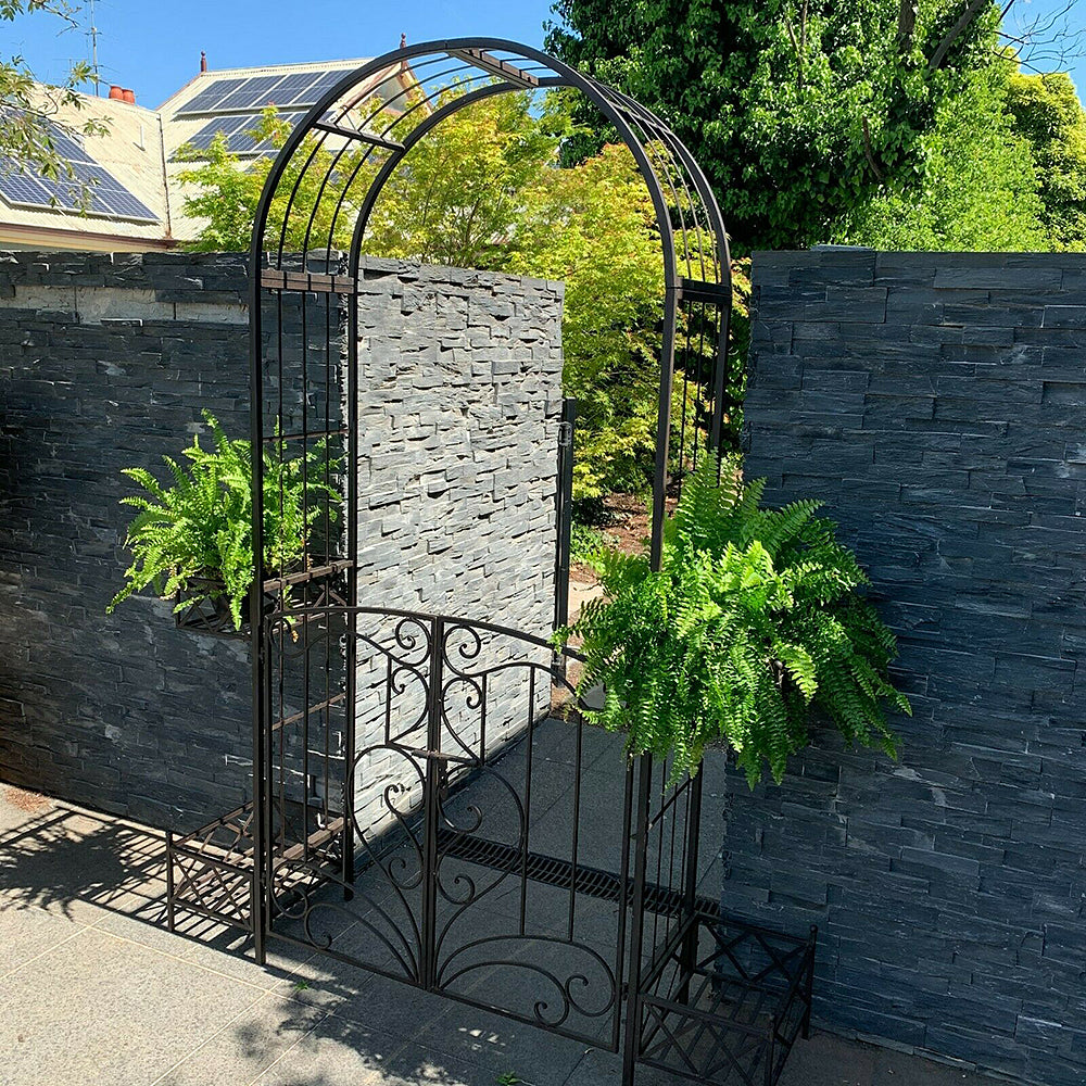 Arabella Arch Metal with Gate and Planters in Rustic Brown