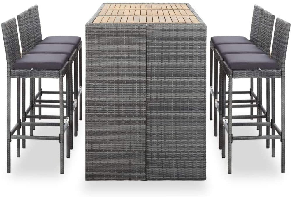 Amalia Solid Acacia Wood and Poly Rattan Outdoor Bar Set - 7 Pieces