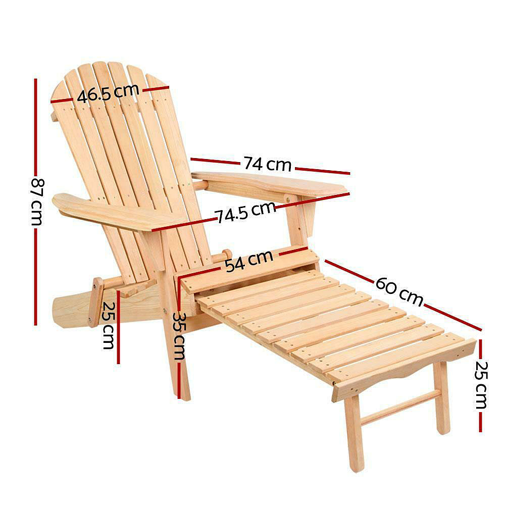 Adirondack Set of Two Outdoor Wooden Sun Chairs w/Ottomans - Natural Wood
