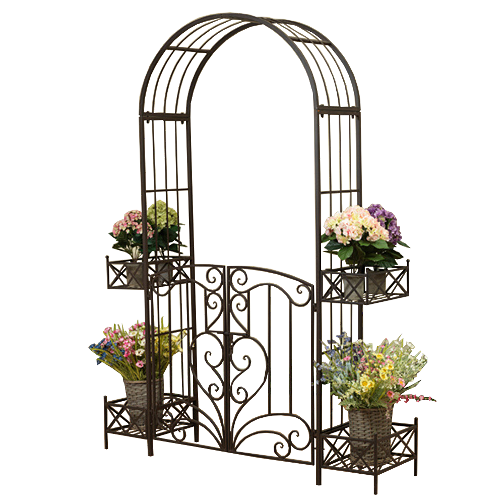 Arabella Arch Metal with Gate and Planters in Rustic Brown
