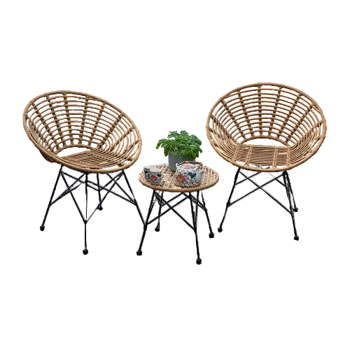 Zenaida retro 3 piece rattan garden setting with two chairs and glass top table