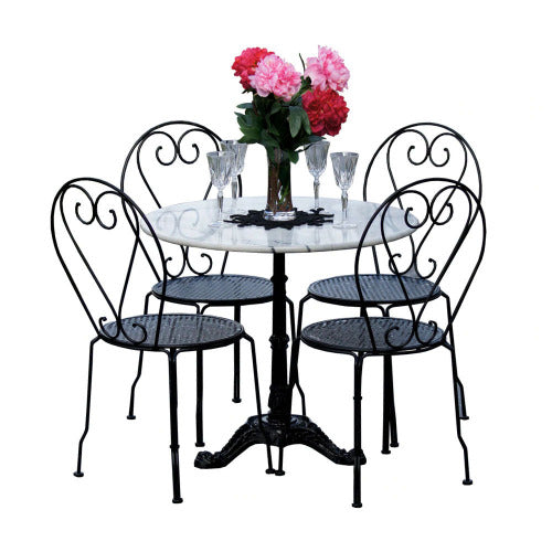 Izabella 5 piece white marble dining set with round table and four steel chairs