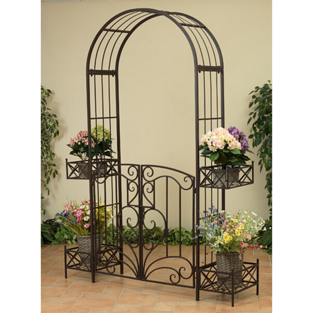 Arabella Arch Metal with Gate and Planters in Rustic Brown