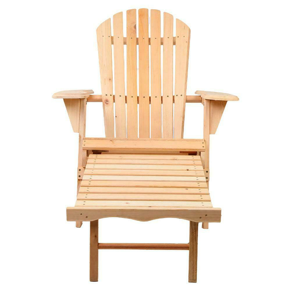 Adirondack Set of Two Outdoor Wooden Sun Chairs w/Ottomans - Natural Wood
