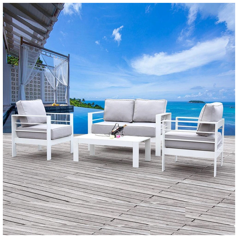 Alissa 4pc White Aluminium Lounge Set - Light Grey Cushion
