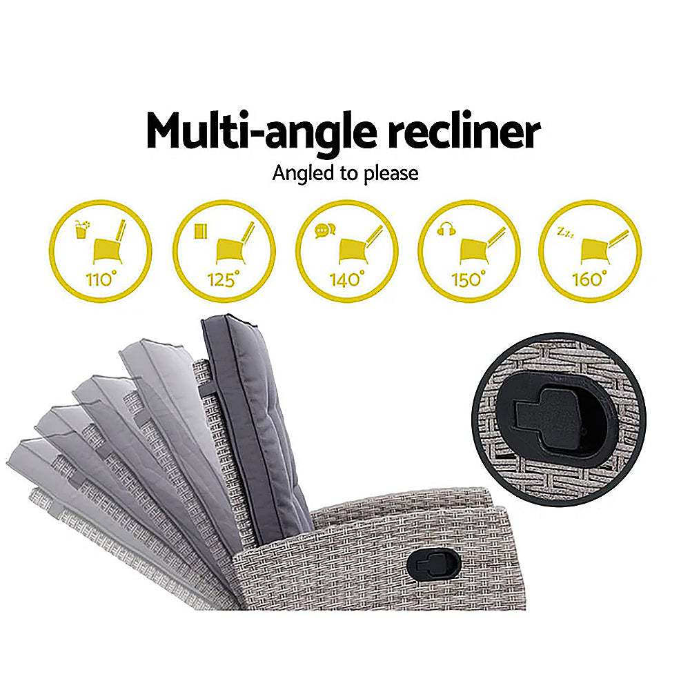 Johona 2Pc Wicker Recliner + Stool Set 5 Incline Settings