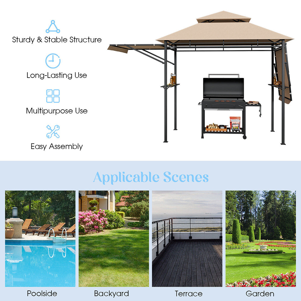 Laurent 2-Tier Patio BBQ Grill Gazebo w/Side Awnings & Shelves