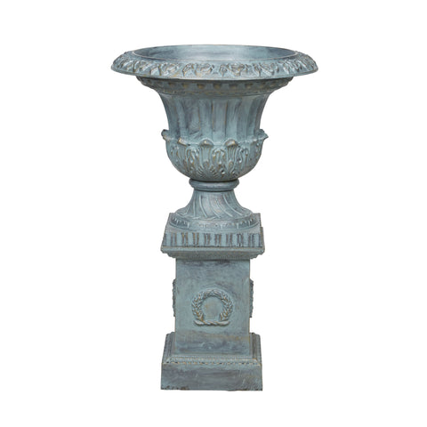 Zelia Cast Iron Urn & Base Set - Verdisgris. 115cm H