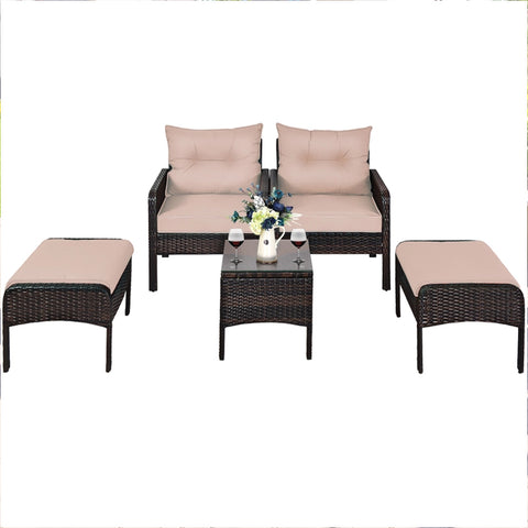 Xaviera 5 Piece Wicker Lounge Set  Patio - 2 Chairs, 2 Bench Ottomans,  Coffee Table
