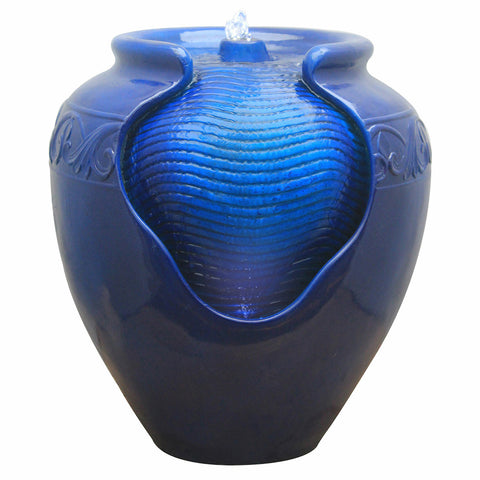 Mediterranean Blue Illuminated Glazed Pot Fountain - Self Contained