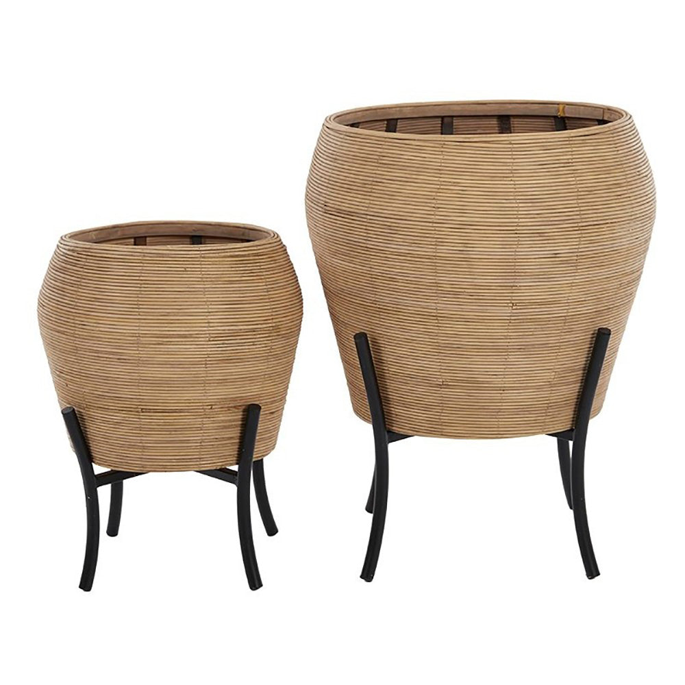 Orlan 2 Piece Rattan Planter Stand Set - Natural Weave, Black Stand
