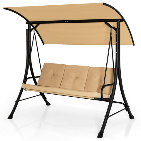 Samanta 3-Seat Porch Swing w/Adjustable Canopy & Padded Cushions - Beige